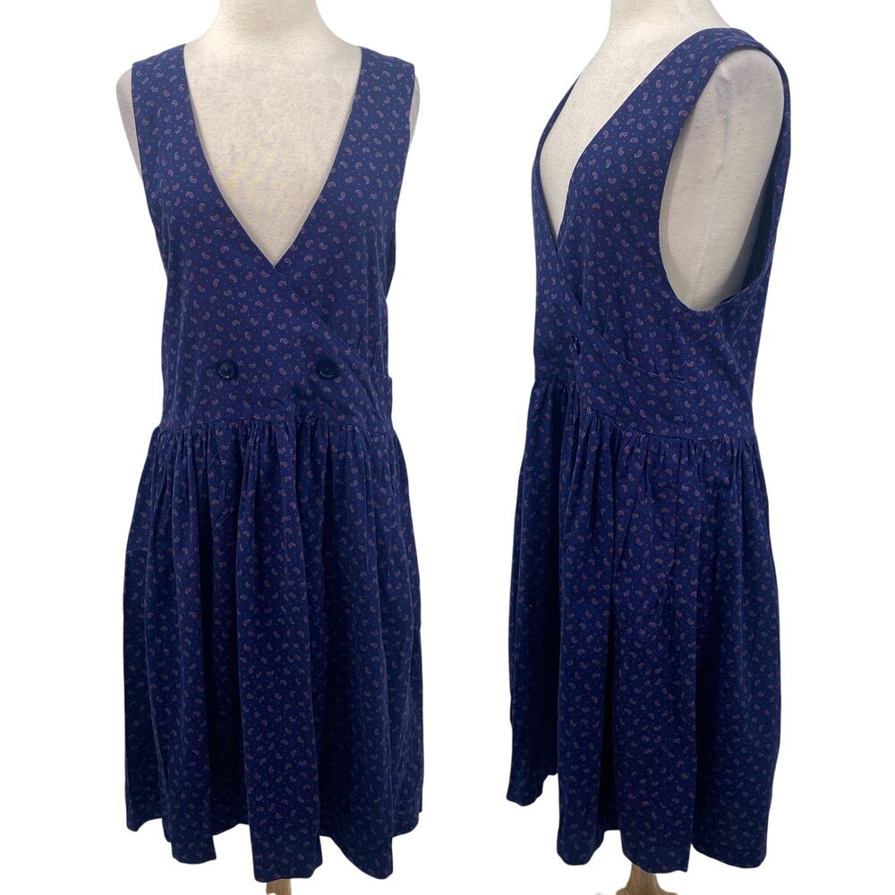 Vintage 90s Handmade Pinafore Midi Dress Paisley Print Deep V Neck Apron Blue 8